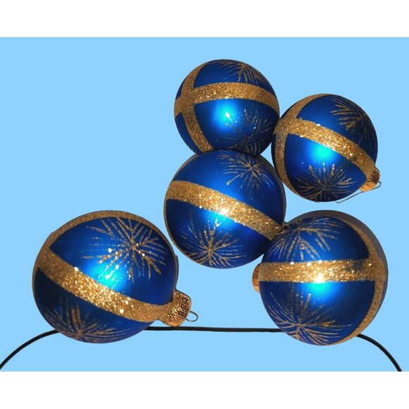Set Of 5 Blue & Gold Glitter Christmas Ornaments - Picture 1 of 11